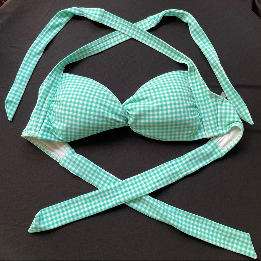Aqua/Turquoise & White checkered Aerie Bikini bandeau halter swimsuit top Small